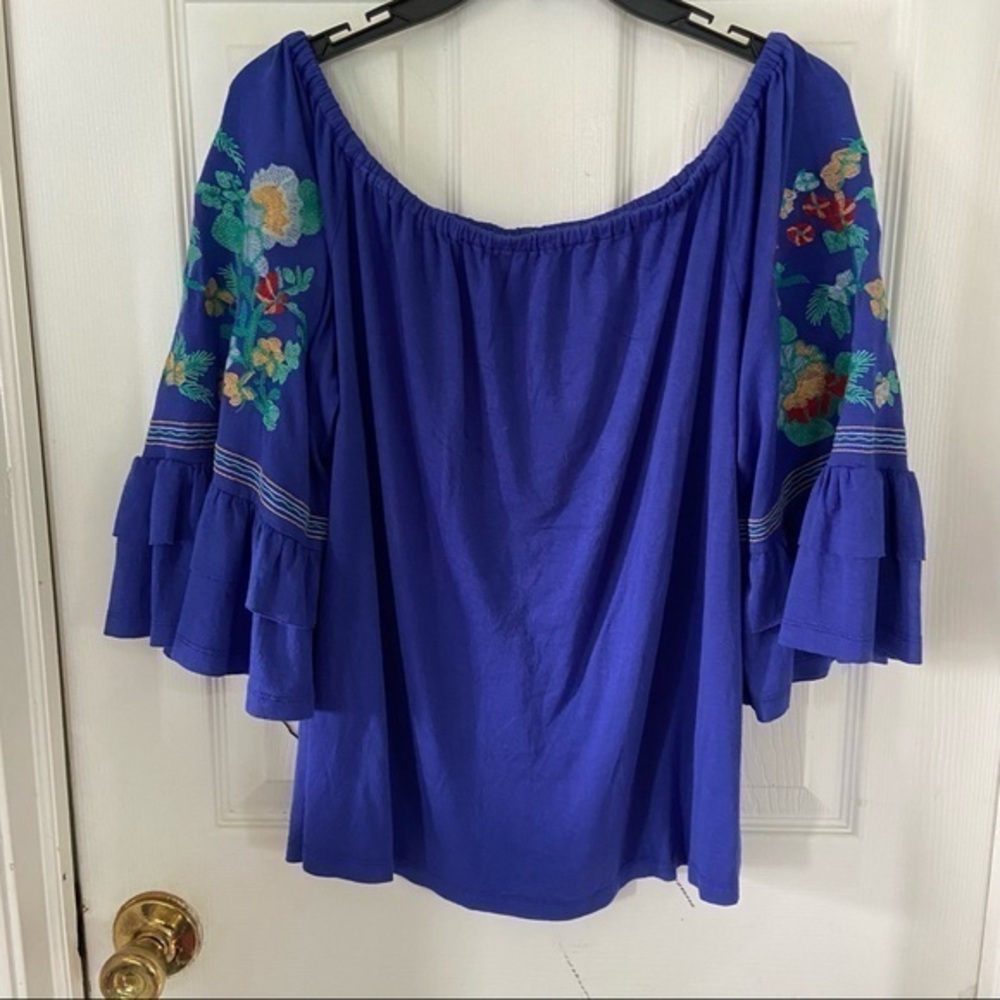 ALTARD STATE blue floral embroidered off the shoulder stretch flare sleeve top S